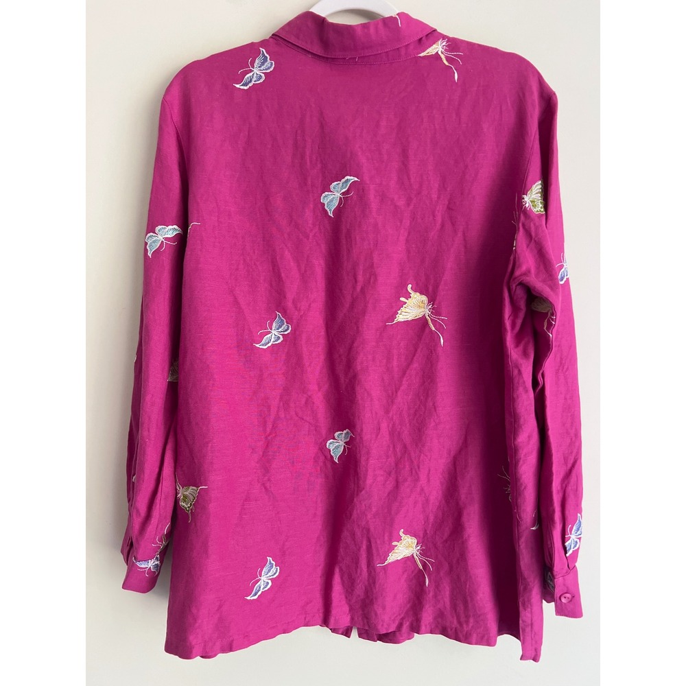 Susan Graver Style Magenta Linen Blend Butterfly Embroidered Button-Up Shirt L - Picture 4 of 7